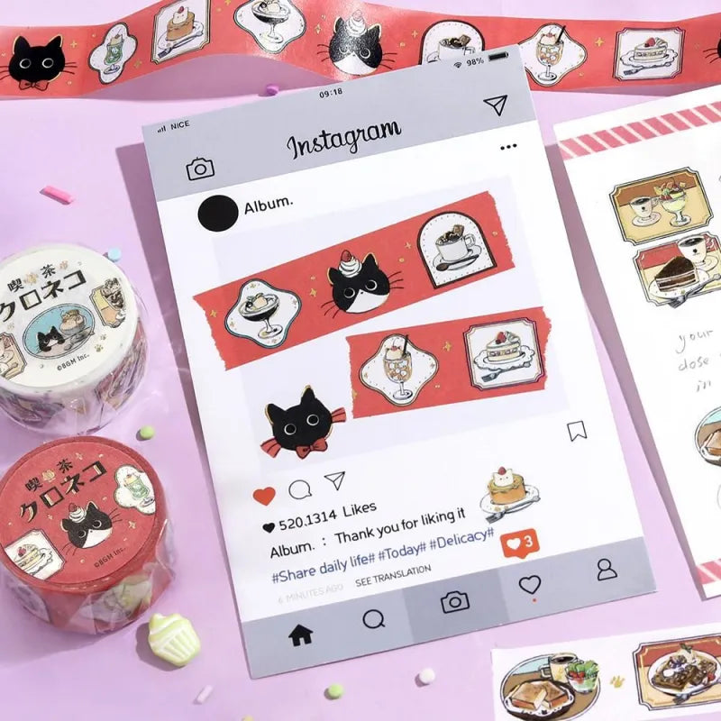 BGM Foil Stamping Masking Tape – Black Cat Café: Café Frame 20mm washi tape roll designed with cozy illustrations of café scenes, a black cat, and gold foil accents.