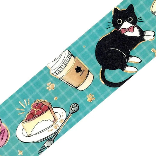BGM Foil Stamping Masking Tape – Black Cat Café: Café Stroll 20mm washi tape roll featuring black cats with desserts, coffee, and foil paw prints.