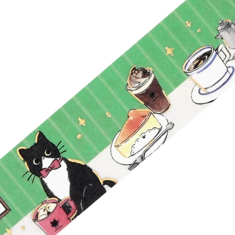 BGM Foil Stamping Masking Tape – Black Cat Café: Café Table 20mm washi tape roll designed with black cat, sweets, drinks, and foil details.