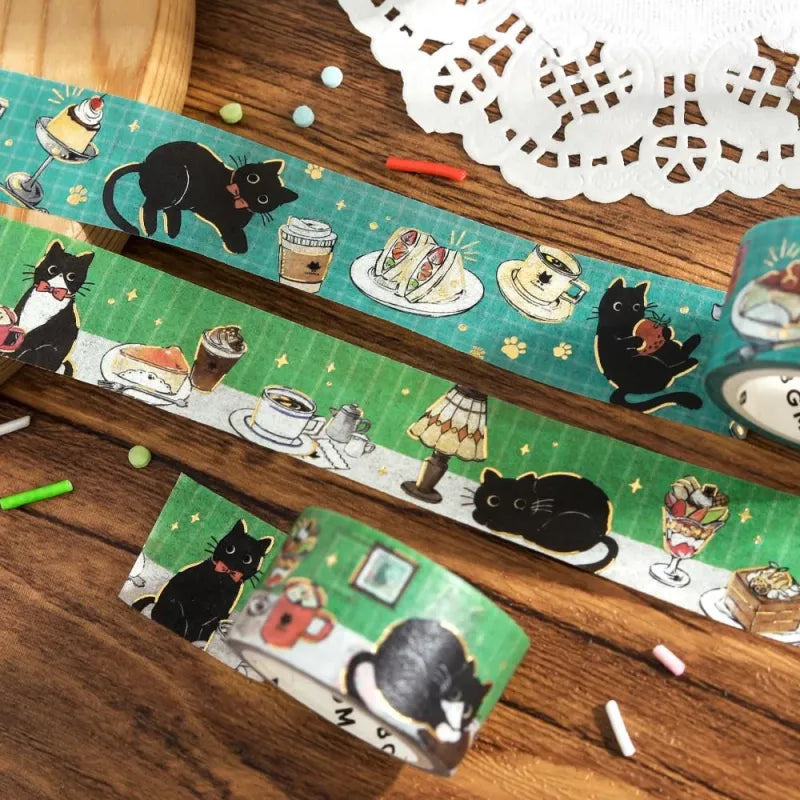 BGM Foil Stamping Masking Tape – Black Cat Café: Café Table 20mm washi tape roll designed with black cat, sweets, drinks, and foil details.