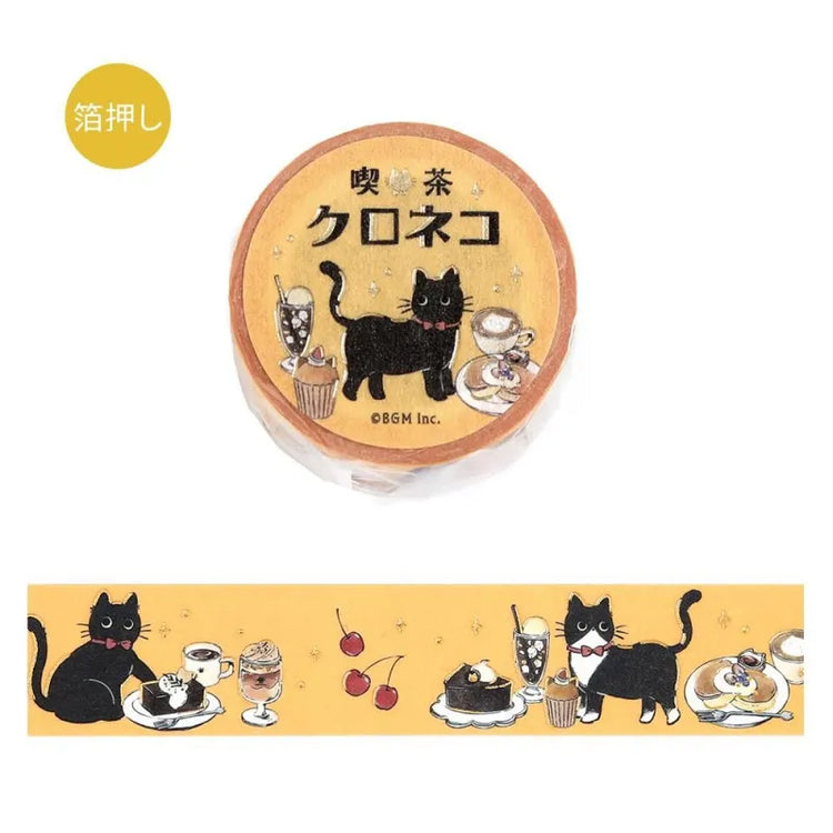 BGM Foil Stamping Masking Tape – Black Cat Café: Sweets Time 20mm washi tape roll designed with black cats, café desserts, and pastel frames with foil accents.