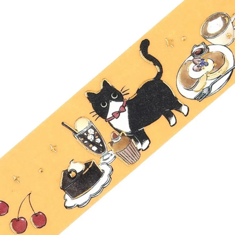 BGM Foil Stamping Masking Tape – Black Cat Café: Sweets Time 20mm washi tape roll designed with black cats, café desserts, and pastel frames with foil accents.