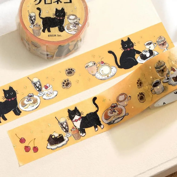 BGM Foil Stamping Masking Tape – Black Cat Café: Sweets Time 20mm washi tape roll designed with black cats, café desserts, and pastel frames with foil accents.