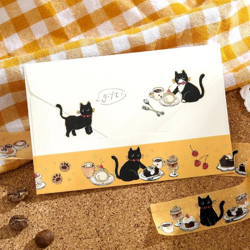 BGM Foil Stamping Masking Tape – Black Cat Café: Sweets Time 20mm washi tape roll designed with black cats, café desserts, and pastel frames with foil accents.