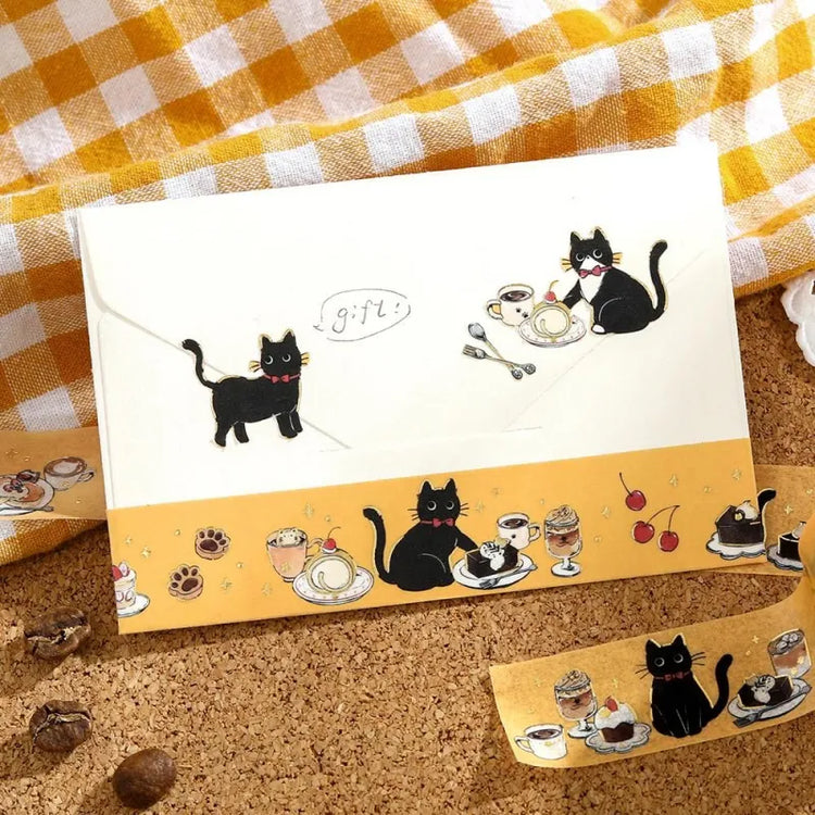 BGM Foil Stamping Masking Tape – Black Cat Café: Sweets Time 20mm washi tape roll designed with black cats, café desserts, and pastel frames with foil accents.