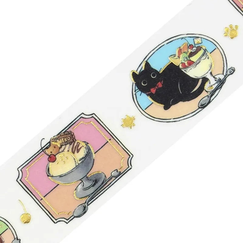 BGM Foil Stamping Masking Tape – Black Cat Café: Today’s Menu 20mm washi tape roll featuring black cats, desserts, and vintage-style frames with foil accents.