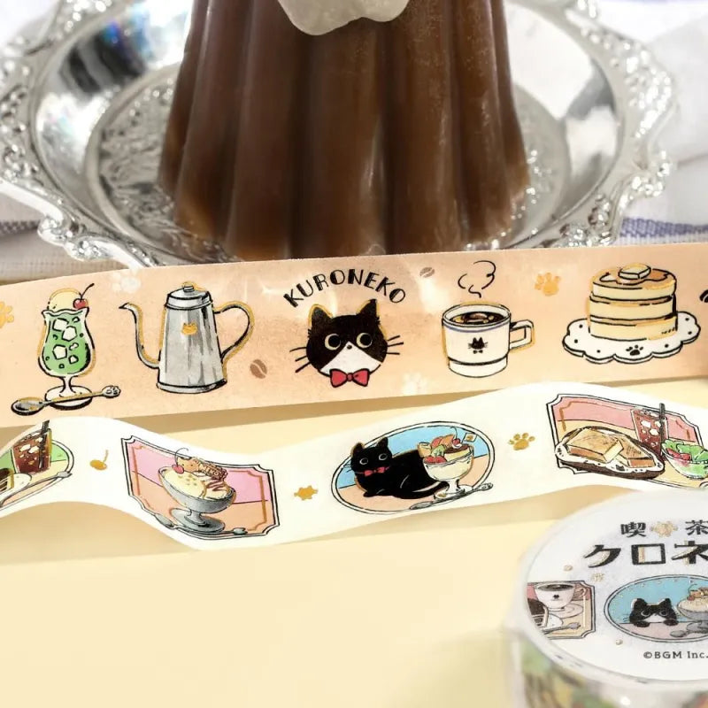 BGM Foil Stamping Masking Tape – Black Cat Café: Today’s Menu 20mm washi tape roll featuring black cats, desserts, and vintage-style frames with foil accents.