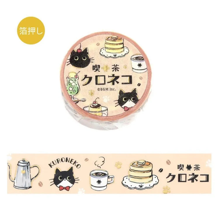 BGM Foil Stamping Masking Tape – Black Cat Café: Welcome 20mm washi tape roll featuring black cats with desserts, soft pastel frames, and foil accents.