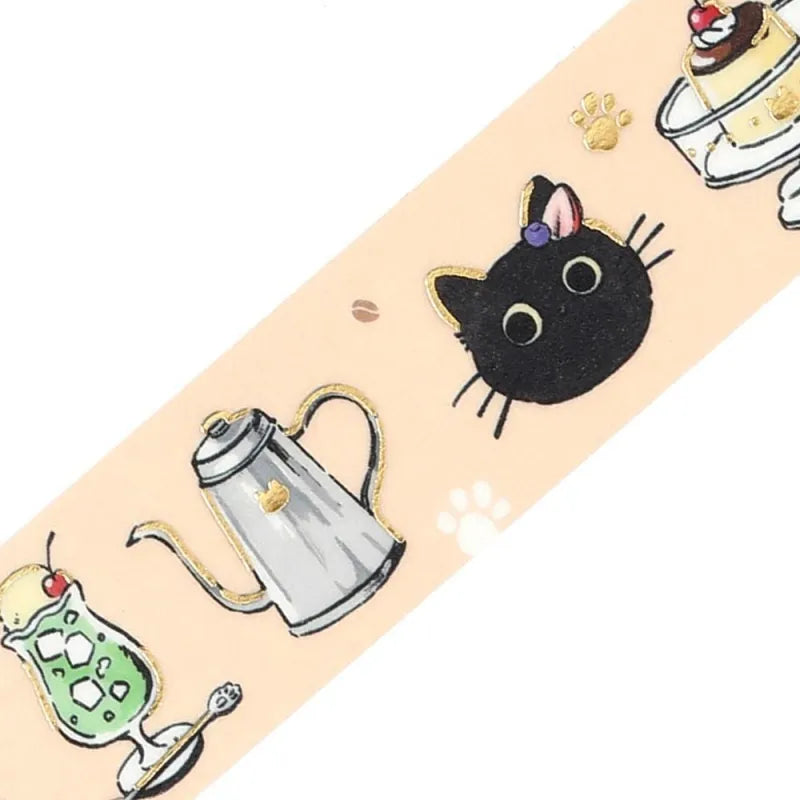 BGM Foil Stamping Masking Tape – Black Cat Café: Welcome 20mm washi tape roll featuring black cats with desserts, soft pastel frames, and foil accents.