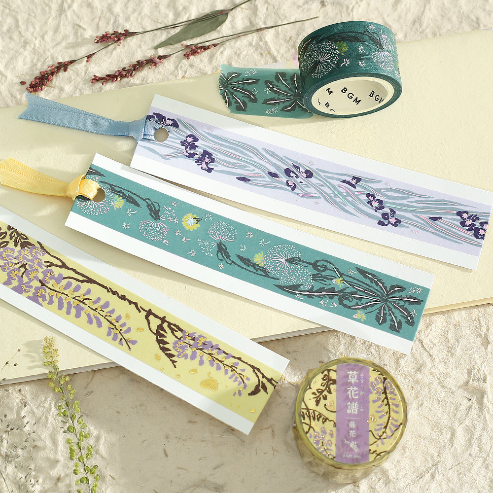 BGM Foil Stamping Masking Tape: Flower Compendium: Drum Grass – Japanese washi tape featuring elegant grass designs with metallic foil accents.