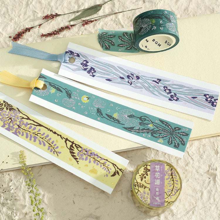 BGM Foil Stamping Masking Tape: Flower Compendium: Drum Grass – Japanese washi tape featuring elegant grass designs with metallic foil accents.