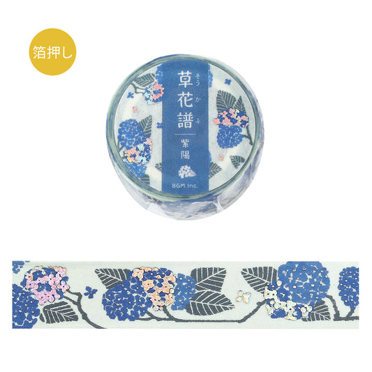 BGM Foil Stamping Masking Tape Flower Compendium Hydrangea featuring delicate hydrangea illustrations in soft pastel hues with shimmering foil accents on premium Japanese washi tape.