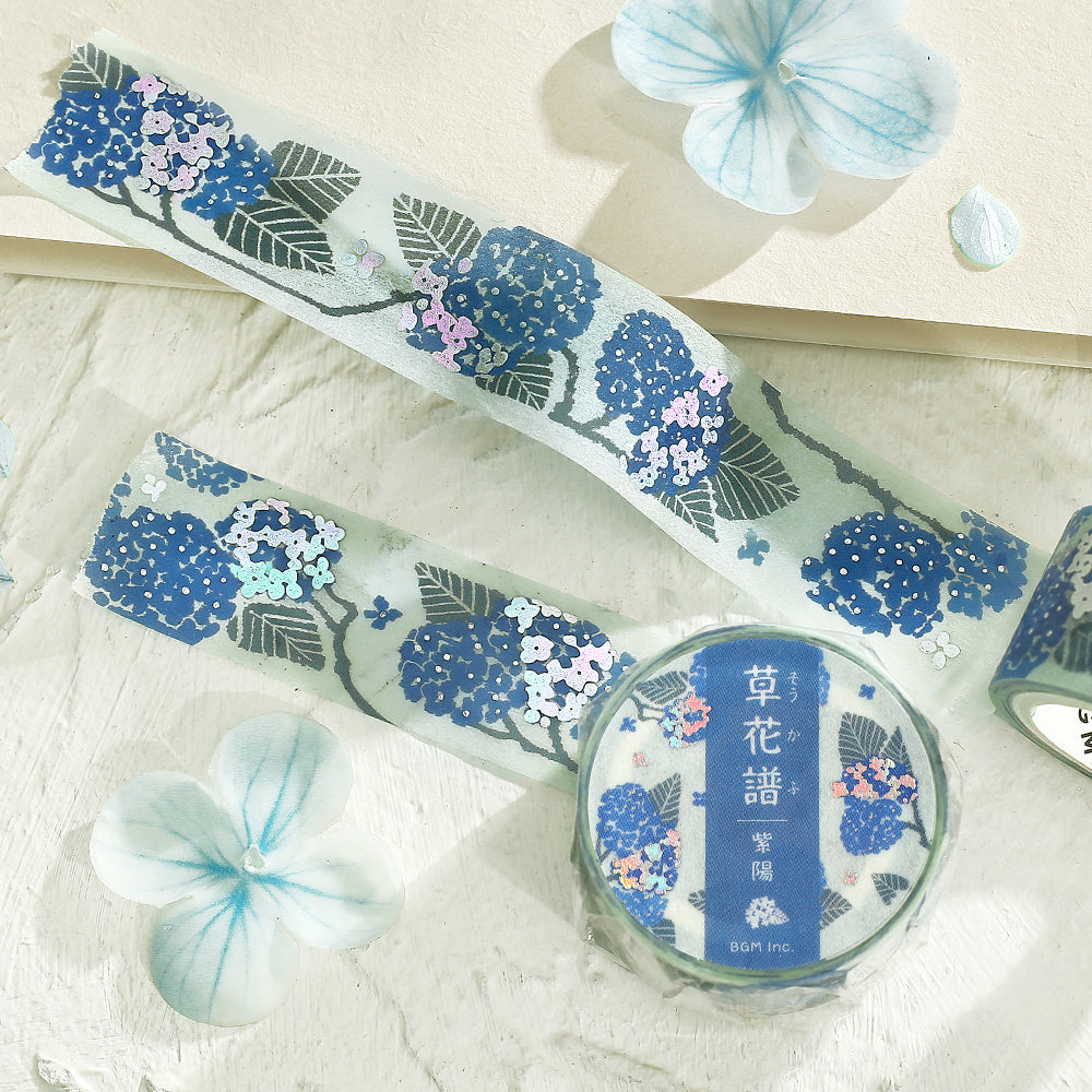BGM Foil Stamping Masking Tape Flower Compendium Hydrangea featuring delicate hydrangea illustrations in soft pastel hues with shimmering foil accents on premium Japanese washi tape.