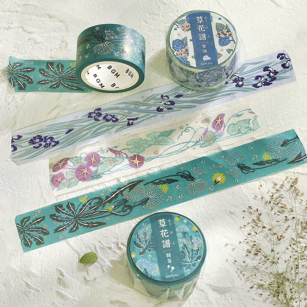 BGM Foil Stamping Masking Tape: Flower Compendium: Iris – Japanese washi tape featuring elegant iris flower designs with metallic foil accents.
