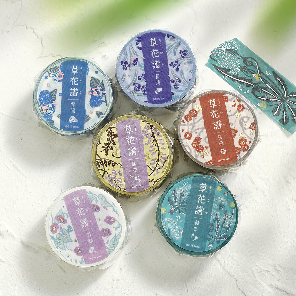 BGM Foil Stamping Masking Tape: Flower Compendium: Iris – Japanese washi tape featuring elegant iris flower designs with metallic foil accents.