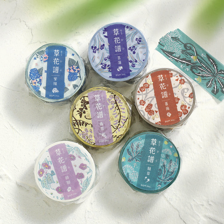 BGM Foil Stamping Masking Tape: Flower Compendium: Iris – Japanese washi tape featuring elegant iris flower designs with metallic foil accents.
