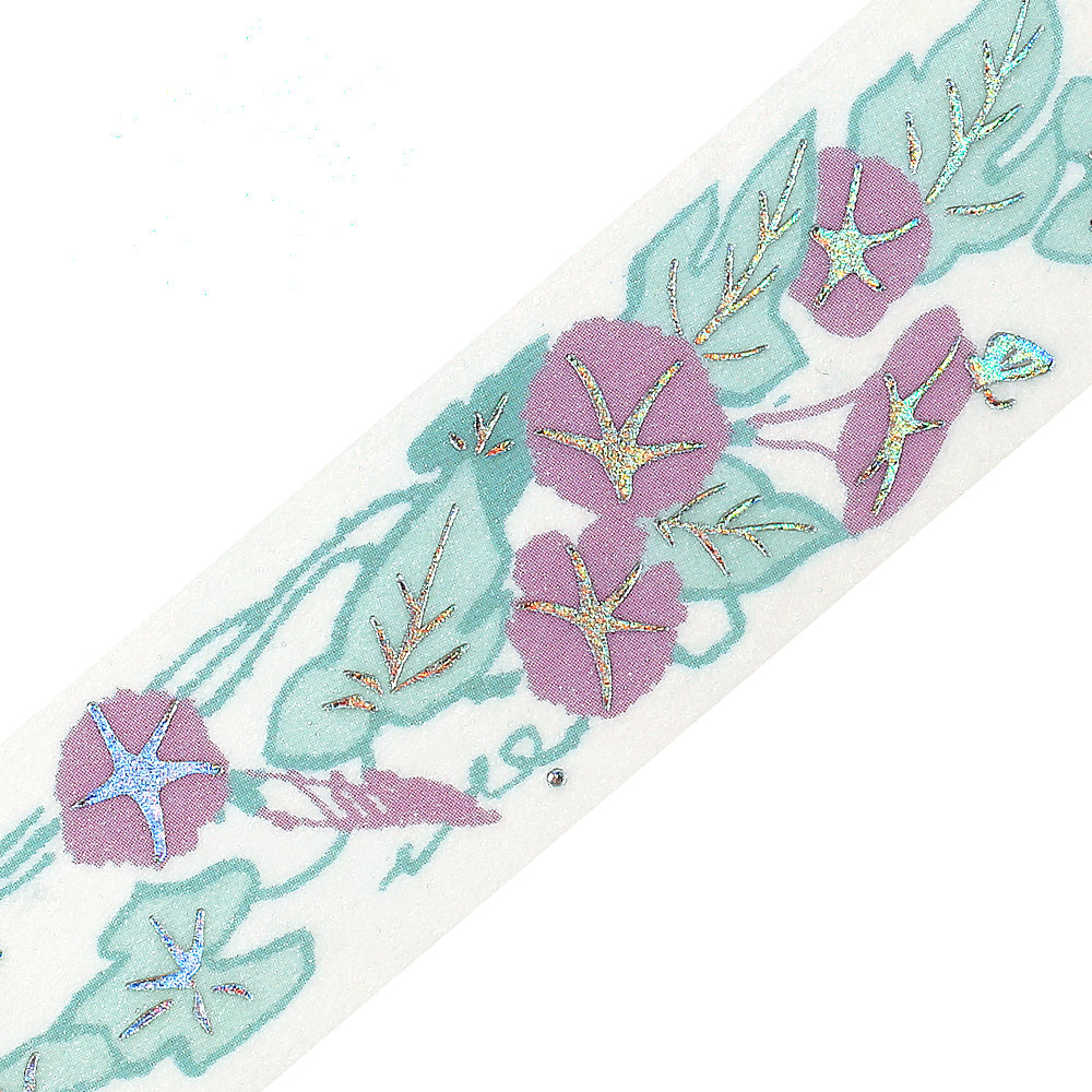 BGM Foil Stamping Masking Tape Flower Compendium Morning Glory featuring elegant morning glory illustrations in soft blue and violet tones with shimmering foil accents on premium Japanese washi tape.