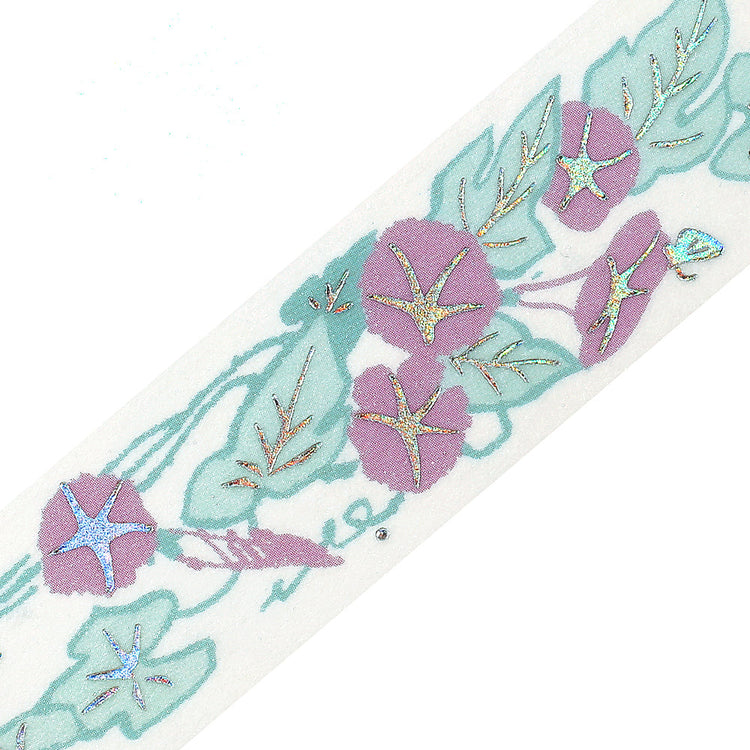 BGM Foil Stamping Masking Tape Flower Compendium Morning Glory featuring elegant morning glory illustrations in soft blue and violet tones with shimmering foil accents on premium Japanese washi tape.