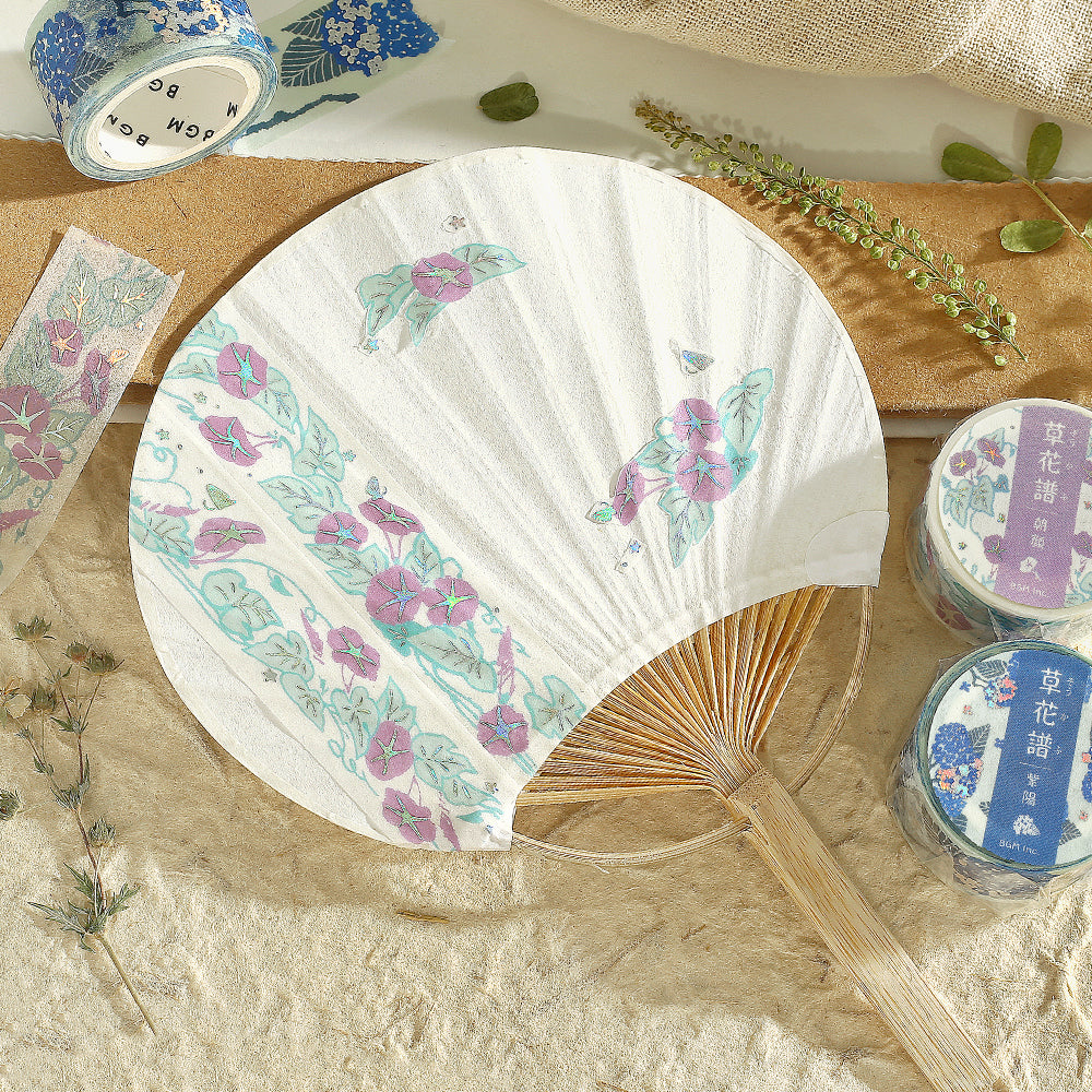 BGM Foil Stamping Masking Tape Flower Compendium Morning Glory featuring elegant morning glory illustrations in soft blue and violet tones with shimmering foil accents on premium Japanese washi tape.