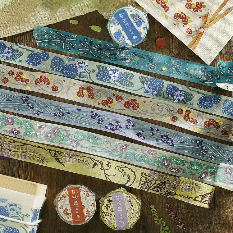 BGM Foil Stamping Masking Tape Flower Compendium Morning Glory featuring elegant morning glory illustrations in soft blue and violet tones with shimmering foil accents on premium Japanese washi tape.