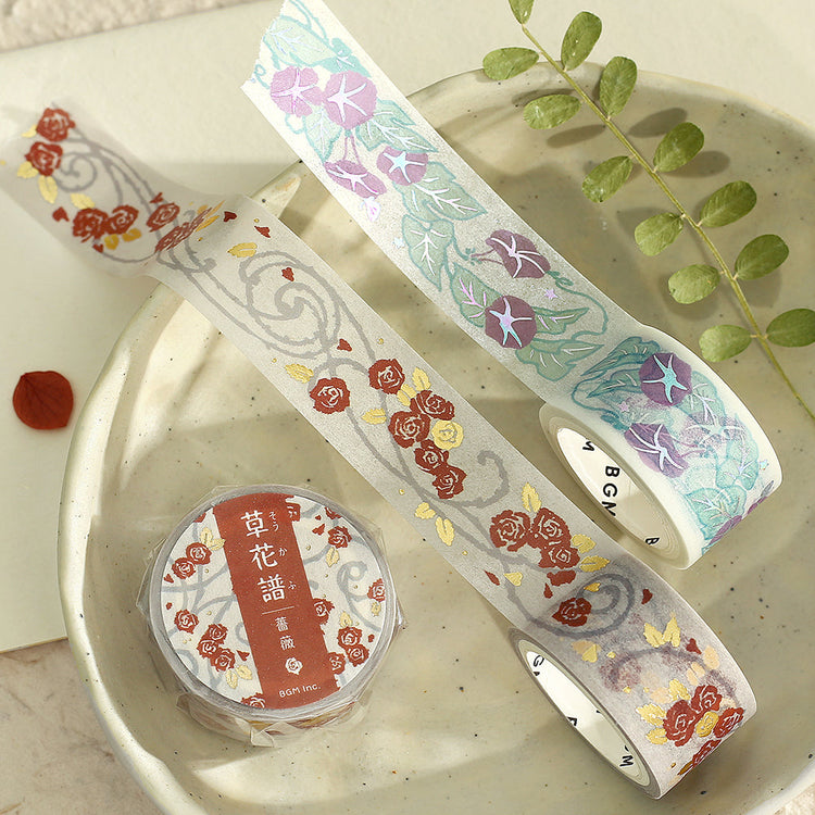 BGM Foil Stamping Masking Tape Life – Flower Compendium Rose featuring elegant rose illustrations with shimmering foil accents on premium Japanese washi tape.