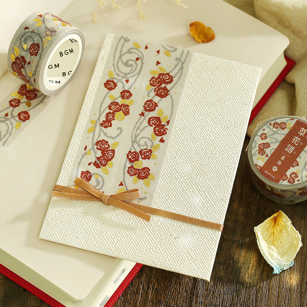 BGM Foil Stamping Masking Tape Life – Flower Compendium Rose featuring elegant rose illustrations with shimmering foil accents on premium Japanese washi tape.