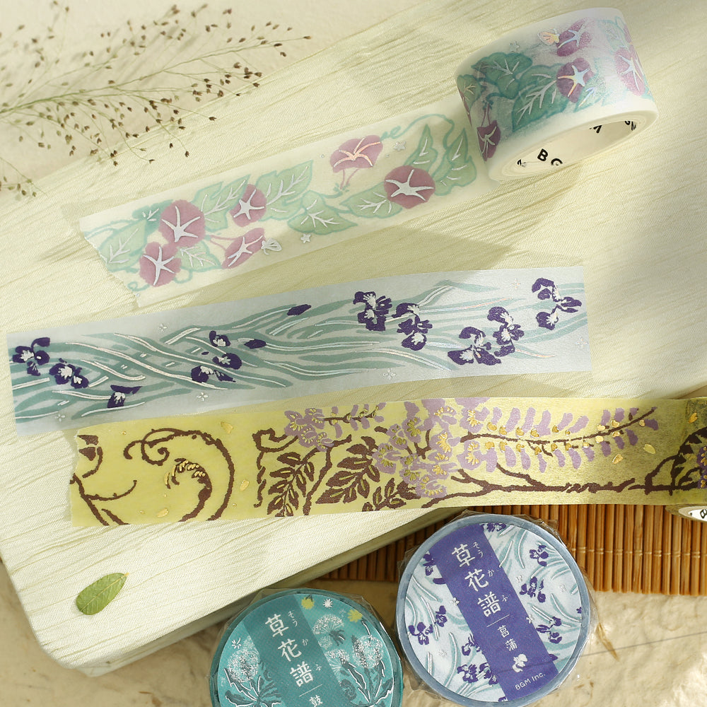BGM Foil Stamping Masking Tape: Flower Compendium: Wisteria – Japanese washi tape with elegant wisteria flower designs and metallic foil accents.