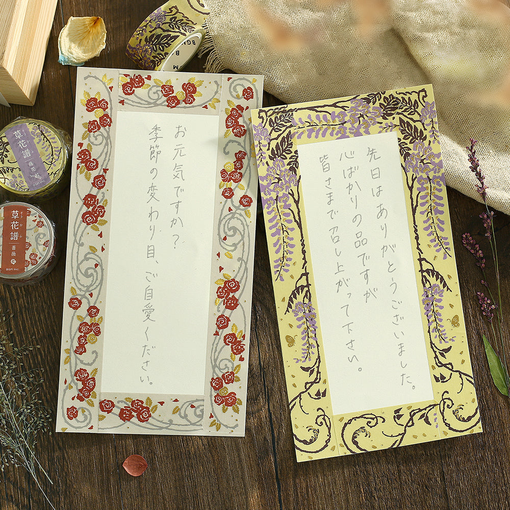 BGM Foil Stamping Masking Tape: Flower Compendium: Wisteria – Japanese washi tape with elegant wisteria flower designs and metallic foil accents.