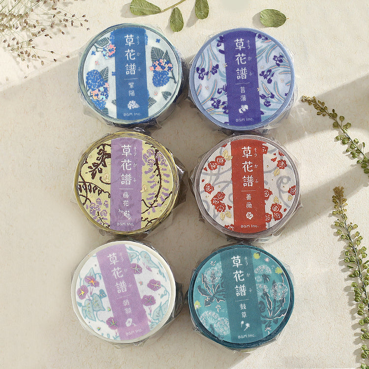 BGM Foil Stamping Masking Tape: Flower Compendium: Wisteria – Japanese washi tape with elegant wisteria flower designs and metallic foil accents.