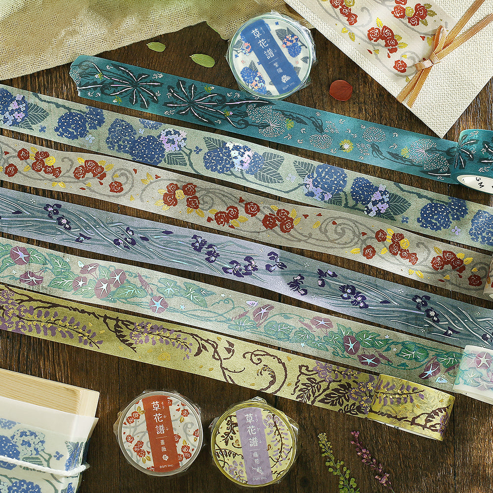 BGM Foil Stamping Masking Tape: Flower Compendium: Wisteria – Japanese washi tape with elegant wisteria flower designs and metallic foil accents.