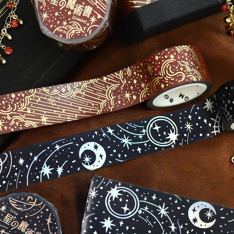 A roll of red washi tape decorated with fiery starbursts and glowing foil details from the Grimoire of Stars Flame edition.