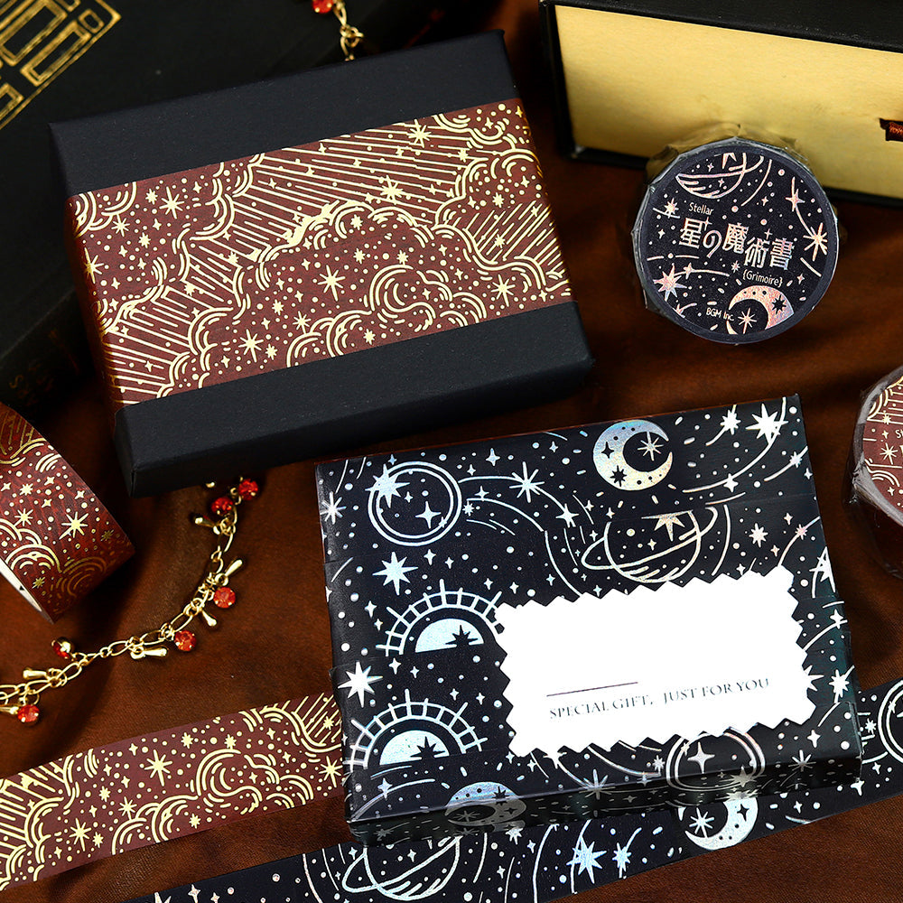 A roll of red washi tape decorated with fiery starbursts and glowing foil details from the Grimoire of Stars Flame edition.