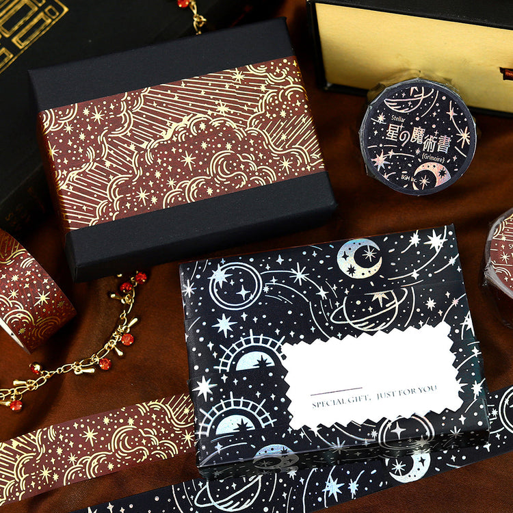 A roll of red washi tape decorated with fiery starbursts and glowing foil details from the Grimoire of Stars Flame edition.