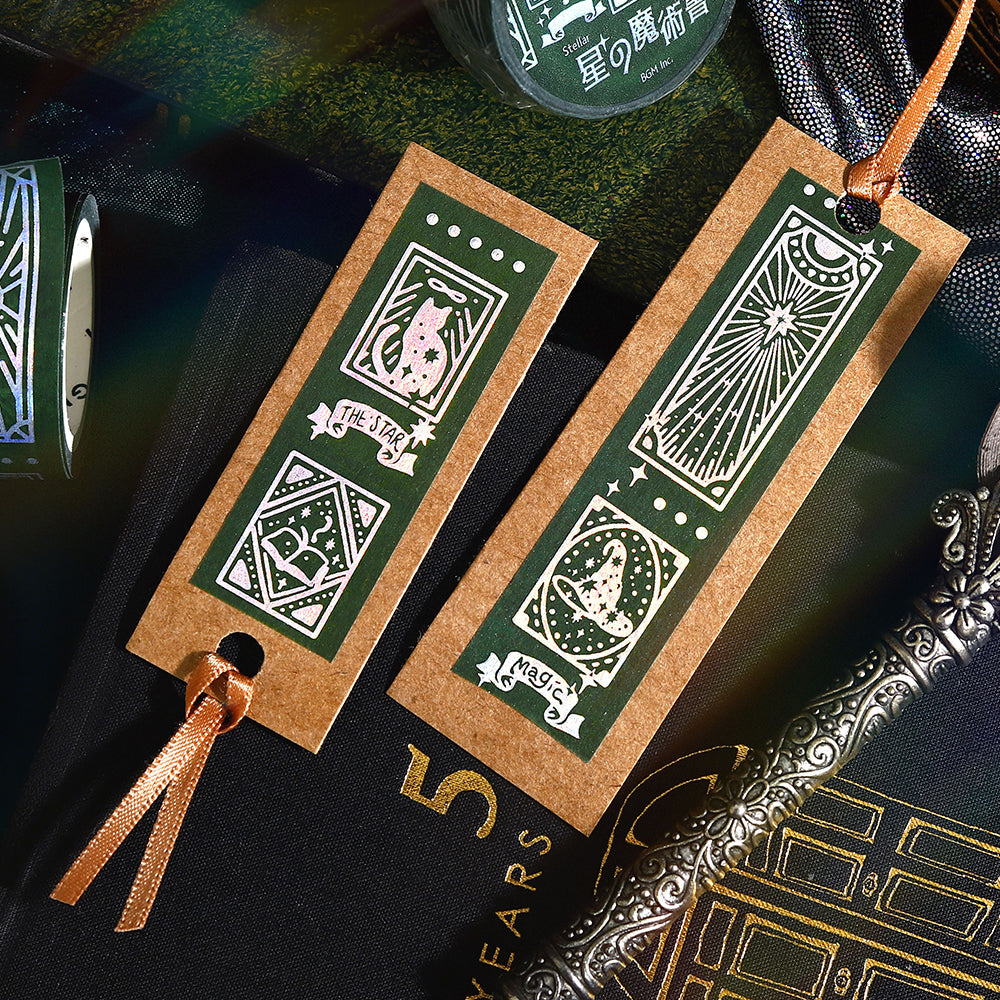A roll of BGM washi tape from the Grimoire of Stars collection, Spirit edition with shimmering foil details.