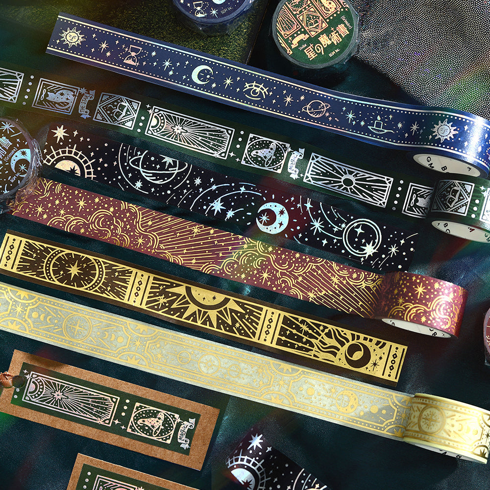 A roll of BGM washi tape from the Grimoire of Stars collection, Spirit edition with shimmering foil details.