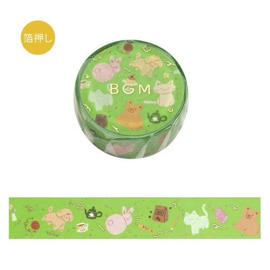 Colorful Animal Carnival-themed BGM washi tape featuring cheerful animals and gold foil details on a 15mm masking tape roll.