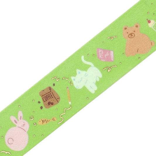 Colorful Animal Carnival-themed BGM washi tape featuring cheerful animals and gold foil details on a 15mm masking tape roll.