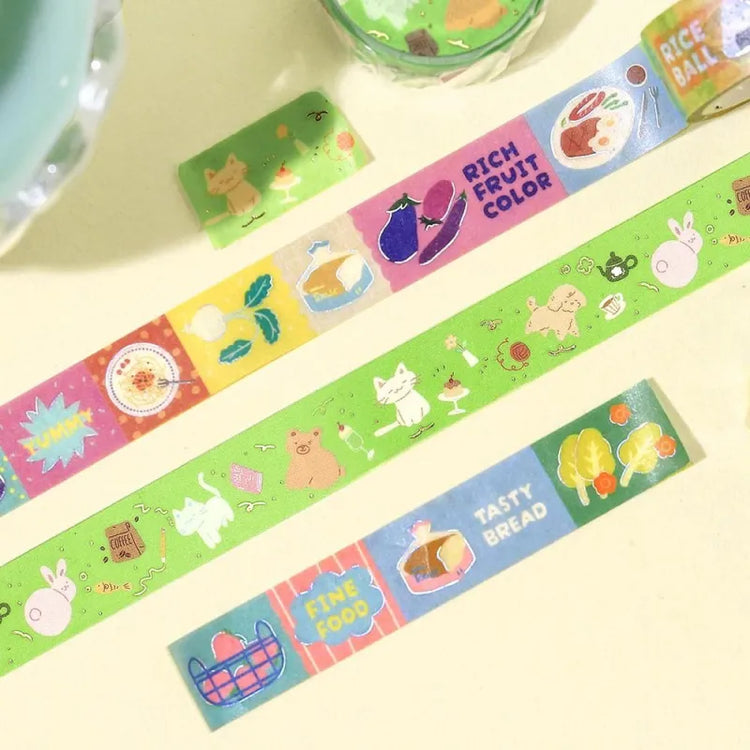 Colorful Animal Carnival-themed BGM washi tape featuring cheerful animals and gold foil details on a 15mm masking tape roll.