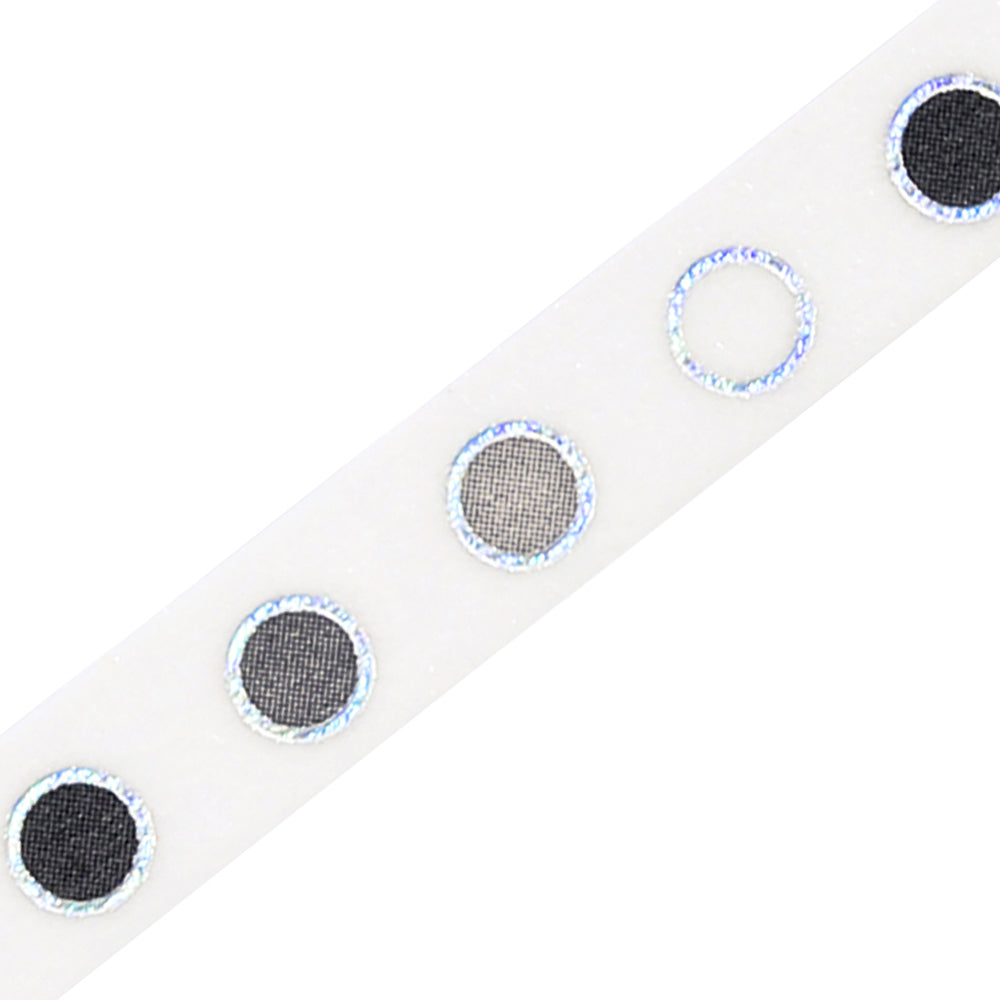 A slim 5mm wide washi tape roll with metallic foil round patterns, perfect for decorating planners, journals, and crafts with a clean modern touch.