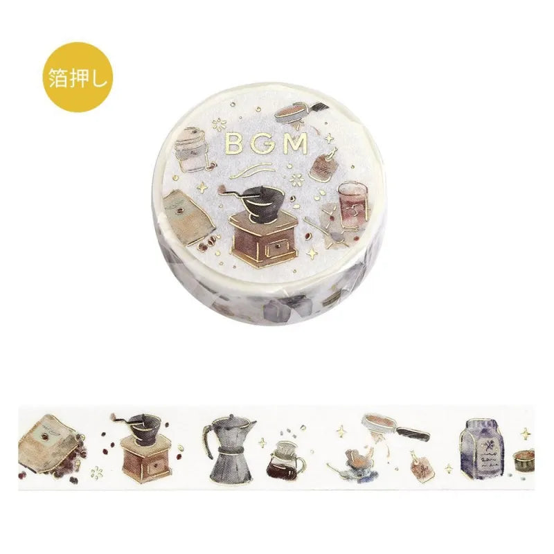 BGM Foil Stamping Masking Tape – Life: Enjoy CAFE 15mm washi tape roll featuring cozy coffee shop illustrations and shimmering gold foil highlights, it's perfect for journaling, decorating, and café lovers alike.