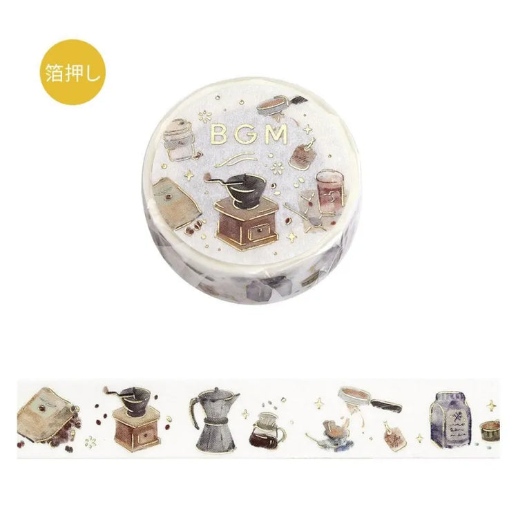 BGM Foil Stamping Masking Tape – Life: Enjoy CAFE 15mm washi tape roll featuring cozy coffee shop illustrations and shimmering gold foil highlights, it's perfect for journaling, decorating, and café lovers alike.