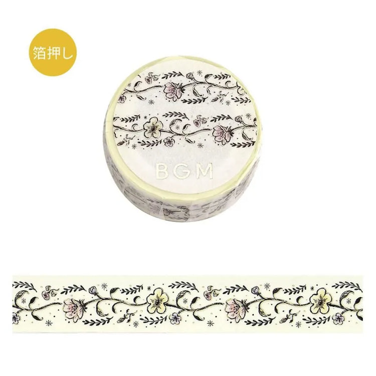 BGM Foil Stamping Masking Tape – Life: Flower Sketch design with beautiful flowers and foil detailing on 15mm washi tape roll.