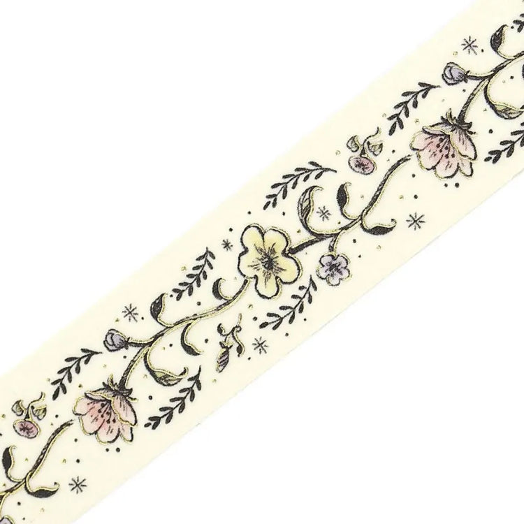 BGM Foil Stamping Masking Tape – Life: Flower Sketch design with beautiful flowers and foil detailing on 15mm washi tape roll.
