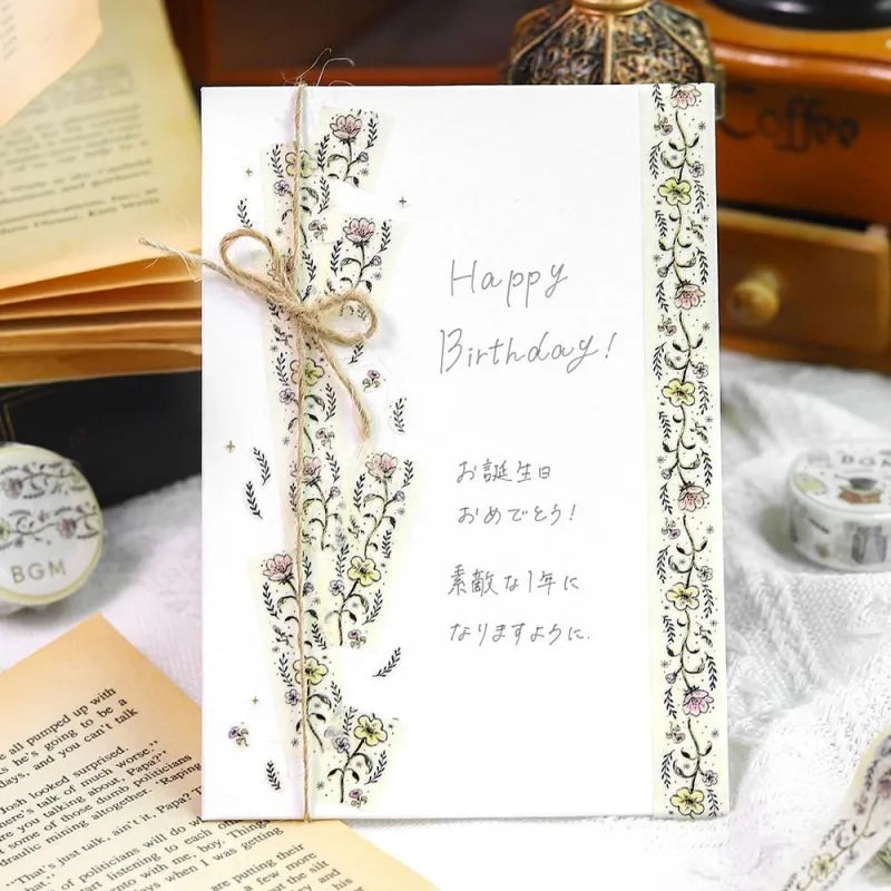 BGM Foil Stamping Masking Tape – Life: Flower Sketch design with beautiful flowers and foil detailing on 15mm washi tape roll.
