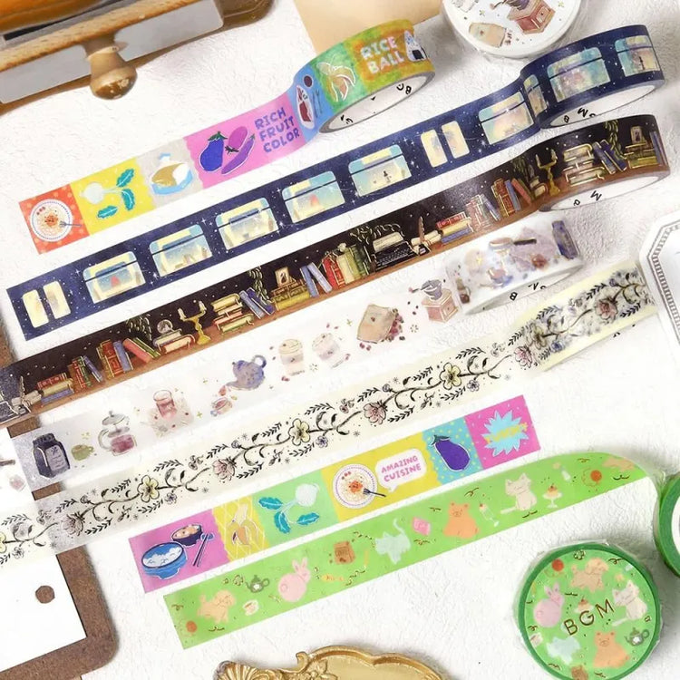 Assorted BGM Foil Stamping Masking Tape – Life designs with gold foil detailing on 15mm washi tape rolls, featuring various lifestyle-themed illustrations.