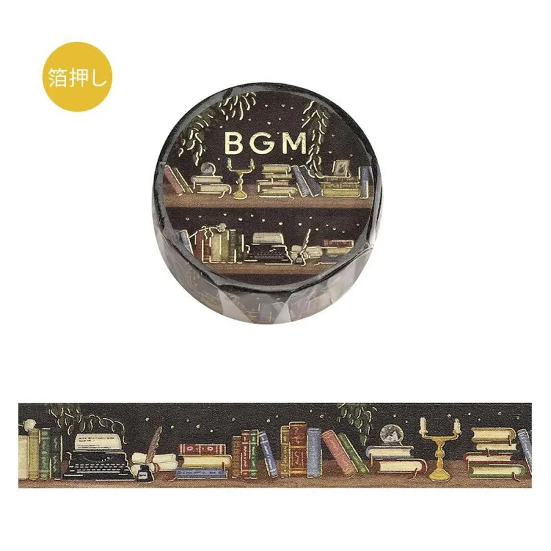 BGM Foil Stamping Masking Tape – Life: Midnight Bookshelf 15mm washi tape roll designed with books, candles, and foil stars.