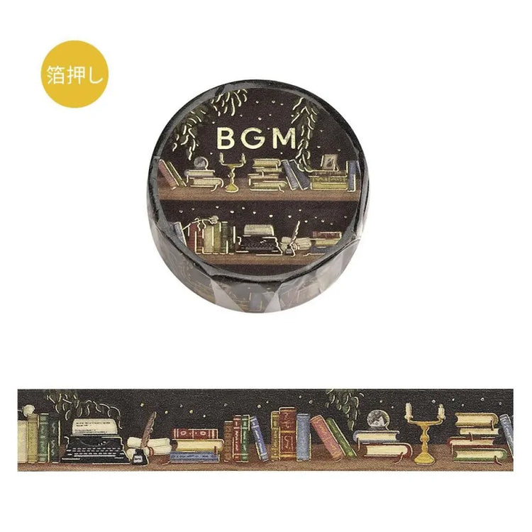 BGM Foil Stamping Masking Tape – Life: Midnight Bookshelf 15mm washi tape roll designed with books, candles, and foil stars.