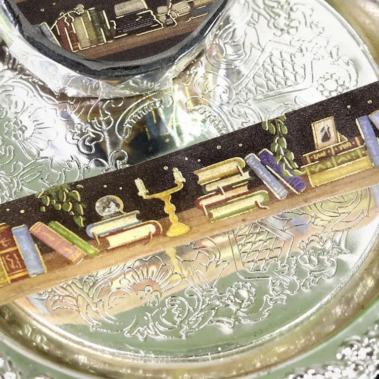 BGM Foil Stamping Masking Tape – Life: Midnight Bookshelf 15mm washi tape roll designed with books, candles, and foil stars.