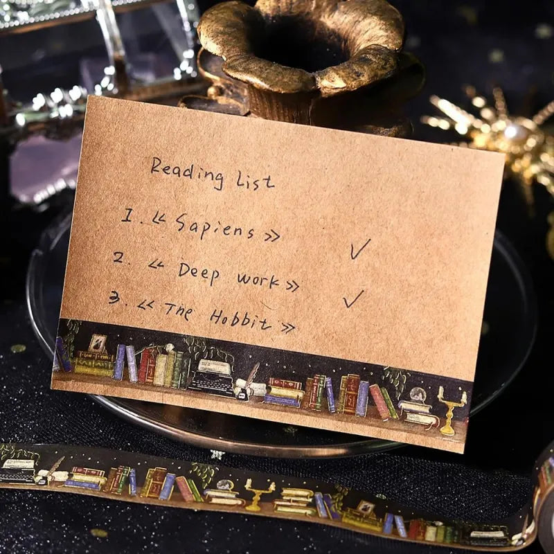 BGM Foil Stamping Masking Tape – Life: Midnight Bookshelf 15mm washi tape roll designed with books, candles, and foil stars.