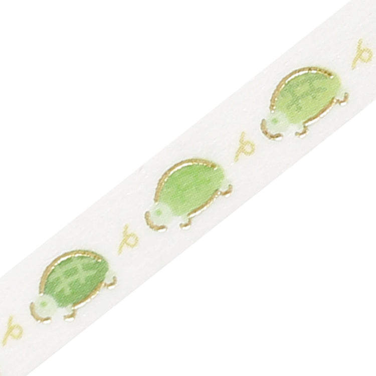 A slim roll of washi tape decorated with a repeating pattern of turtles running, accented with metallic foil highlights—ideal for planners, journals, and scrapbook decoration.